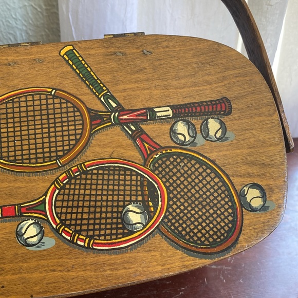 VTG Caro-Nan Wicker Basket Weave Box Purse Tennis Hand Painted Lid Handle Retro - Picture 5 of 14